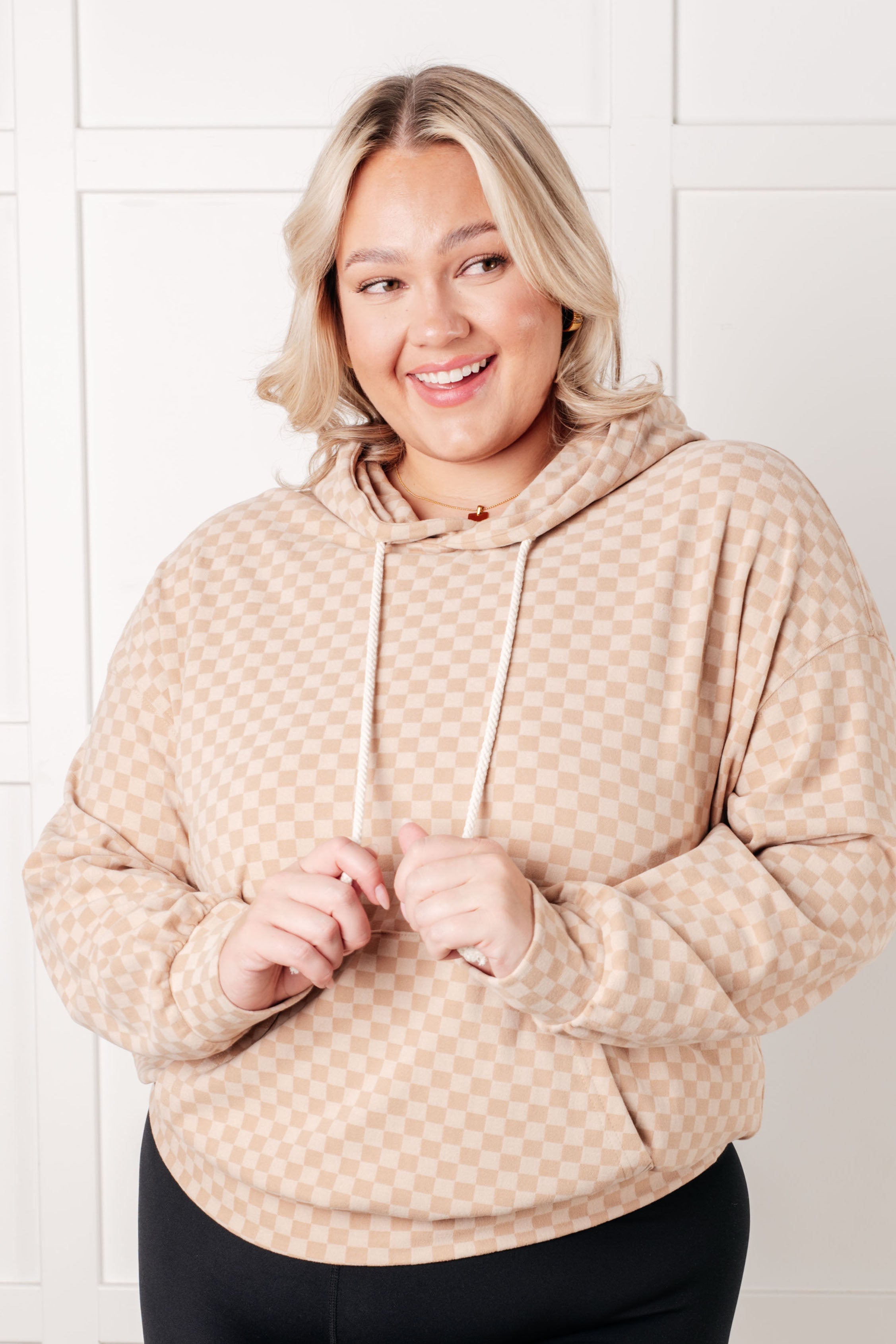 Ask Me Out Checkered Hoodie in Khaki - Charming Charlie