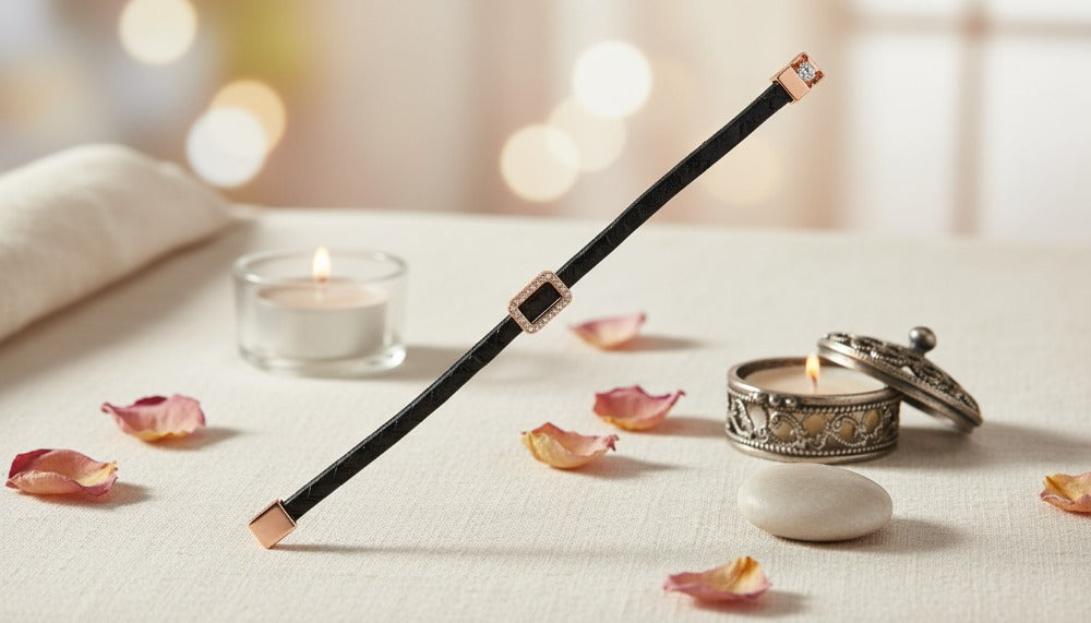 Black Bracelet With Rose Gold and Crystal Accents - Charming Charlie