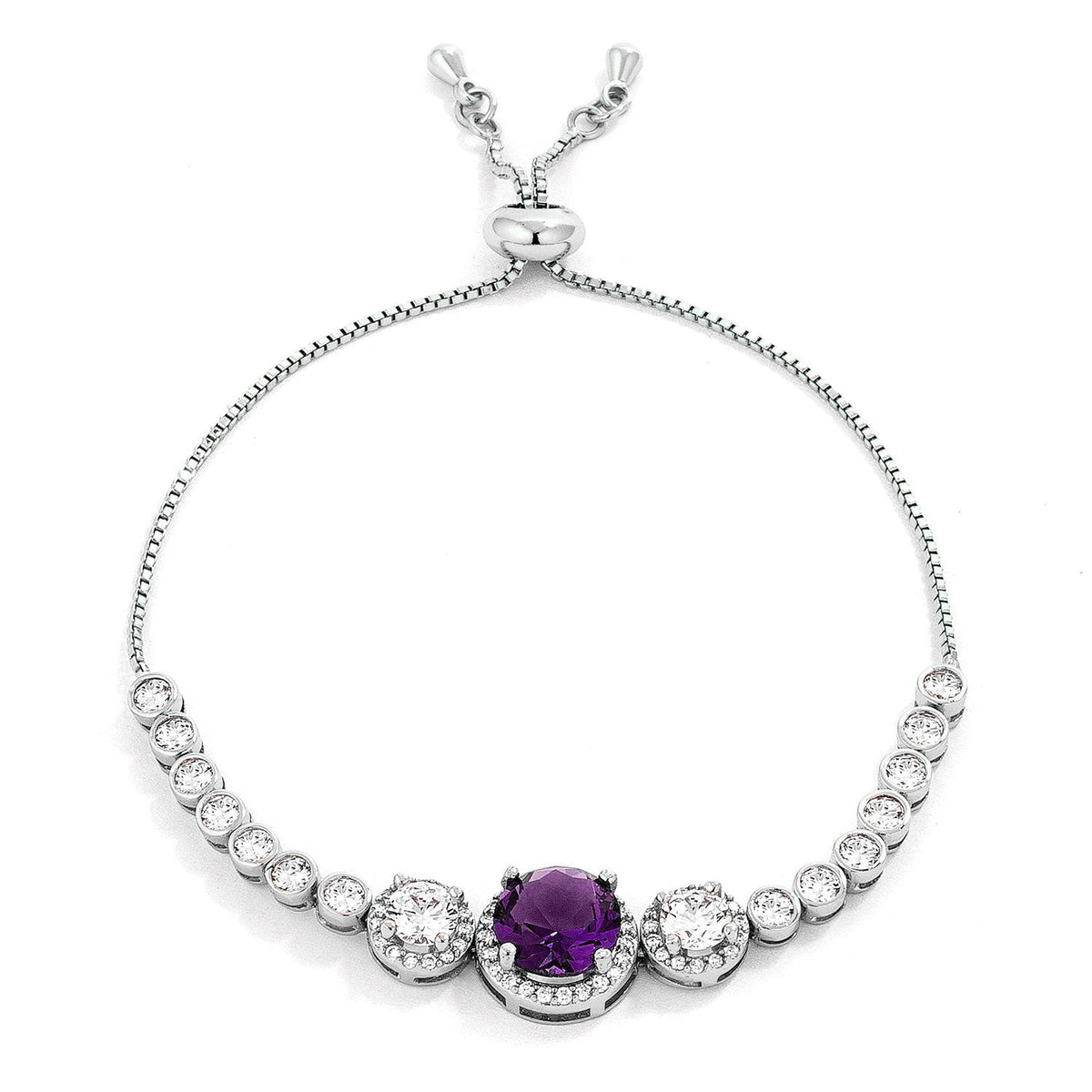 Adjustable Rhodium Plated Graduated Purple & Clear CZ Bolo Style Tennis Bracelet - Charming Charlie