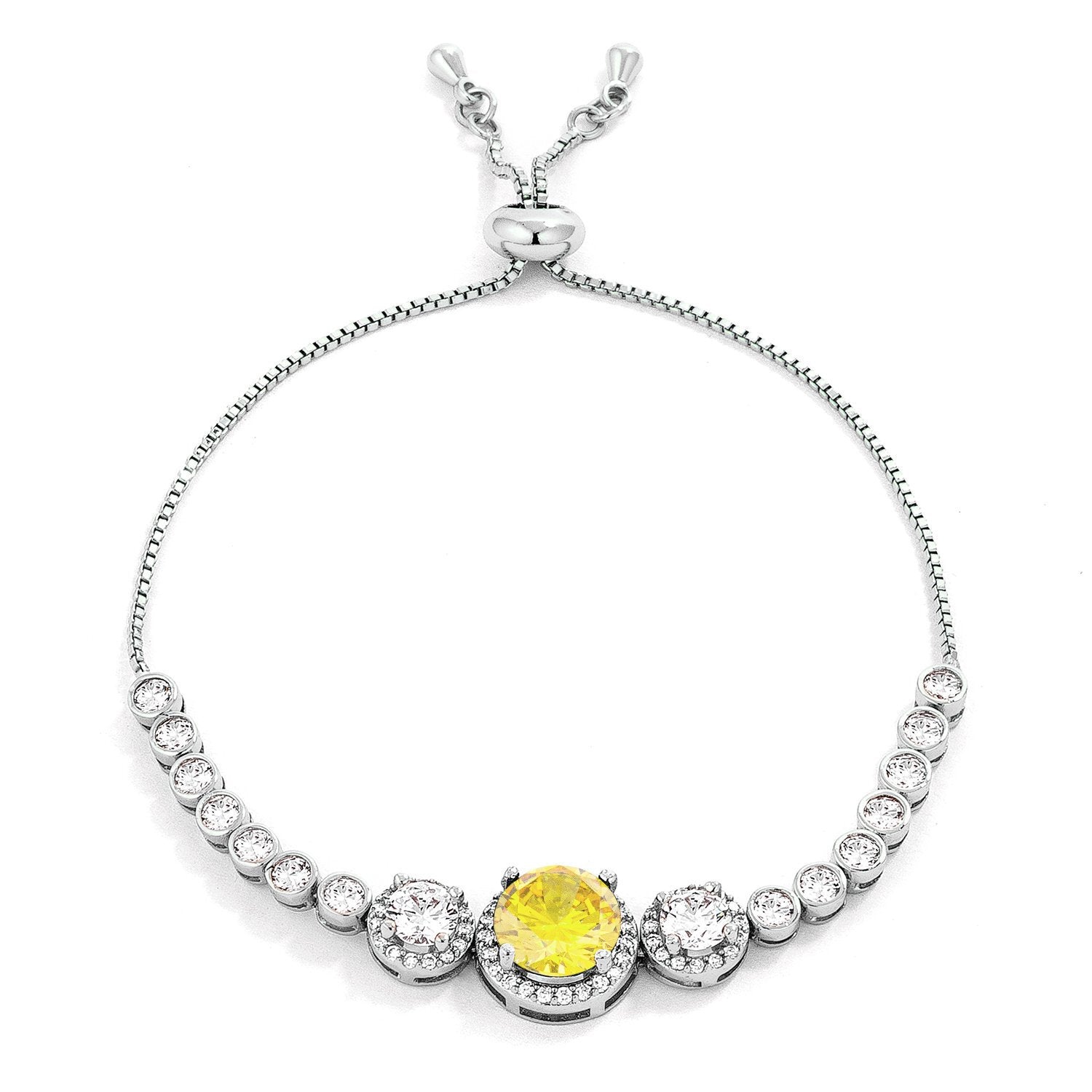 Adjustable Rhodium Plated Graduated Yellow CZ Bolo Style Tennis Bracelet - Charming Charlie