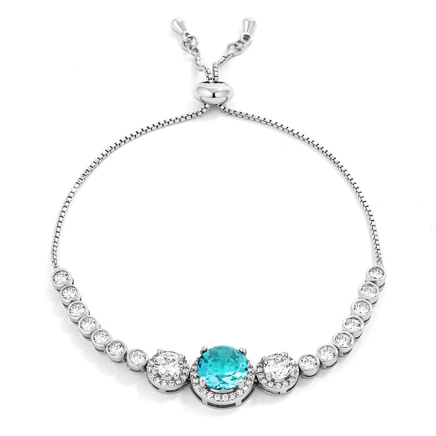 Adjustable Rhodium Plated Graduated Aqua CZ Bolo Style Tennis Bracelet - Charming Charlie