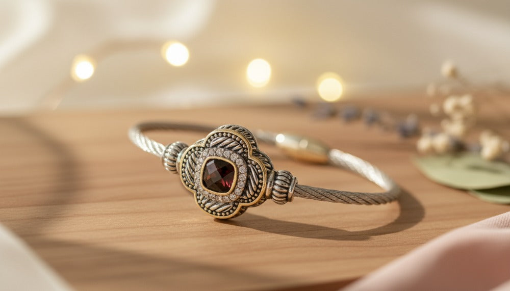 Vintage-Style Silver Bracelet with a Red Gemstone Centerpiece - Charming Charlie