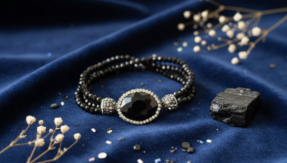 Black Beaded Bracelet with a Large Faceted Centerpiece - Charming Charlie