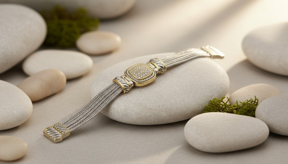 Silver and Gold Bracelet with Diamond-Accented Centerpiece - Charming Charlie