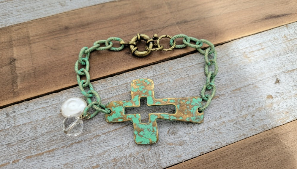 Rustic Turquoise Cross Bracelet with Pearl and Crystal Charm - Charming Charlie