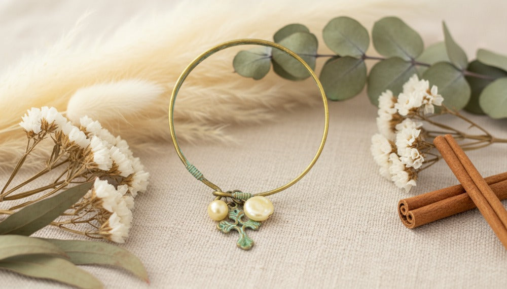 Brass Bangle with Pearls and Patina Cross Charm - Charming Charlie