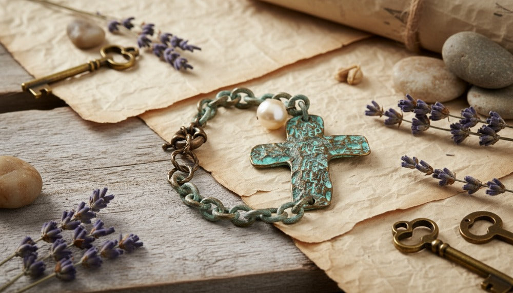 Cross Bracelet with Pearl, Keys, and Lavender Accents - Charming Charlie