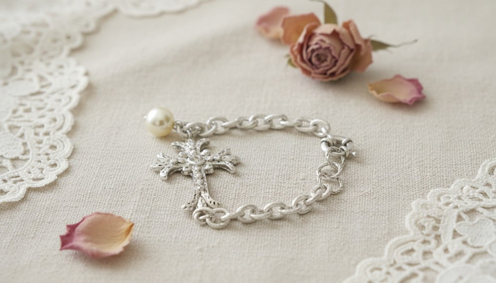 Silver Bracelet with Pearl and Cross Charm - Charming Charlie