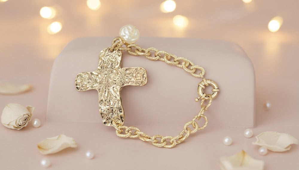 Gold Chain Bracelet with Cross and Pearl Charm - Charming Charlie