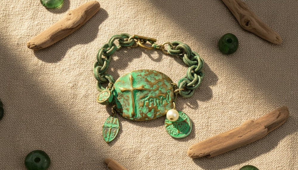 Green Cross Bracelet with Charms and Pearl Accents - Charming Charlie