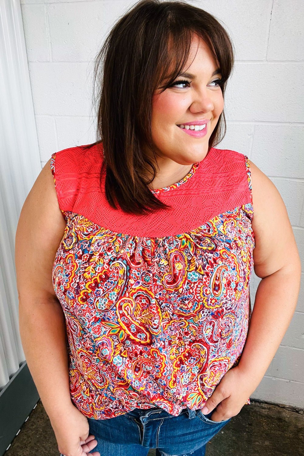 Coral Jacquard Lace Paisley Print Tank Top - Charming Charlie