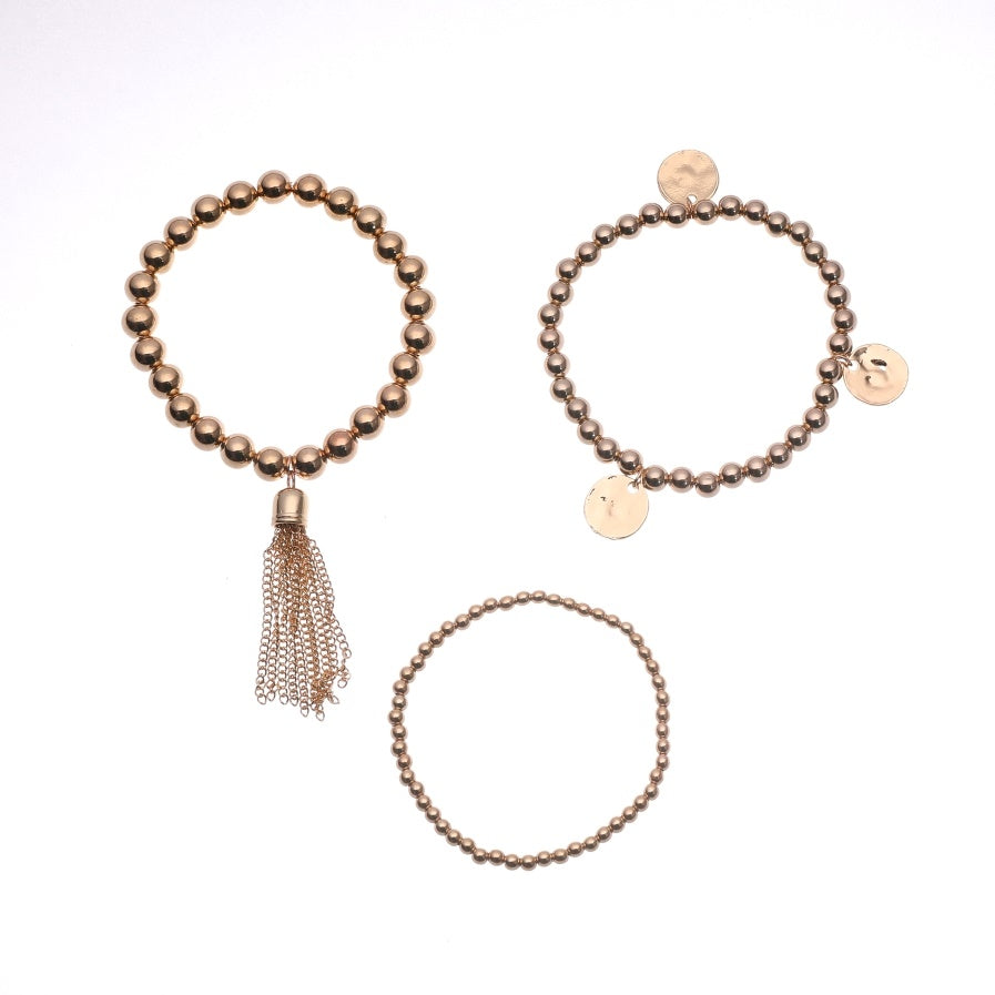 Metal Bead Stretch Tassel Bracelet - Set of 3 - Charming Charlie