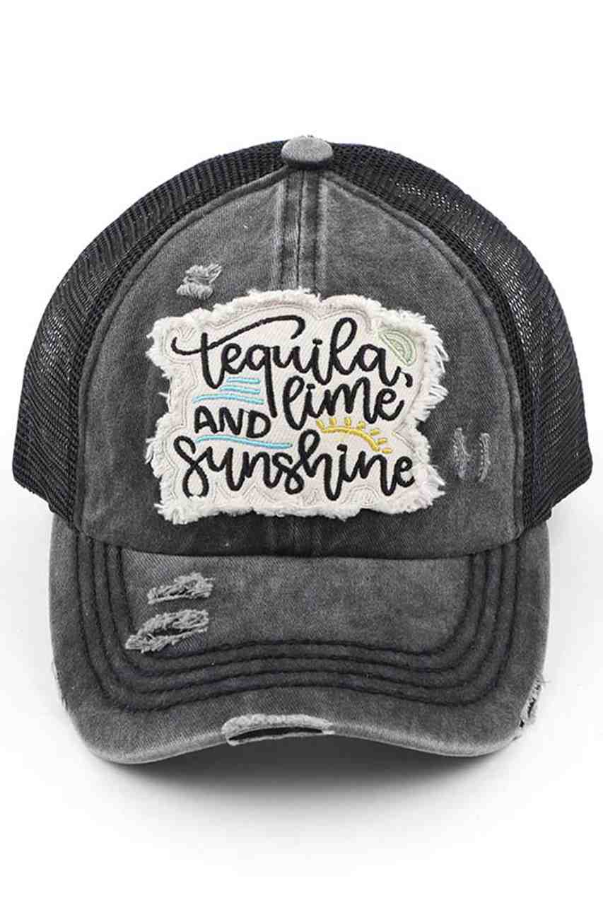BLACK-C.C TEQUILA LIME AND SUNSHINE PATCH PONYCAP is the perfect accessory for any outdoor adventure. With its fun and vibrant tequila lime and sunshine patch design, this ponytail cap will add a touch of personality to any outfit. Made with durable materials, it provides comfortable protection from the sun.