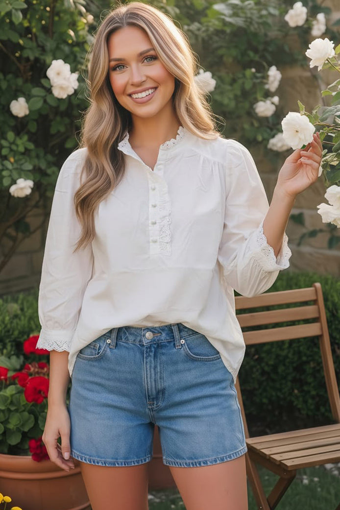 Pretty in White Puff Sleeve Button Top - Charming Charlie