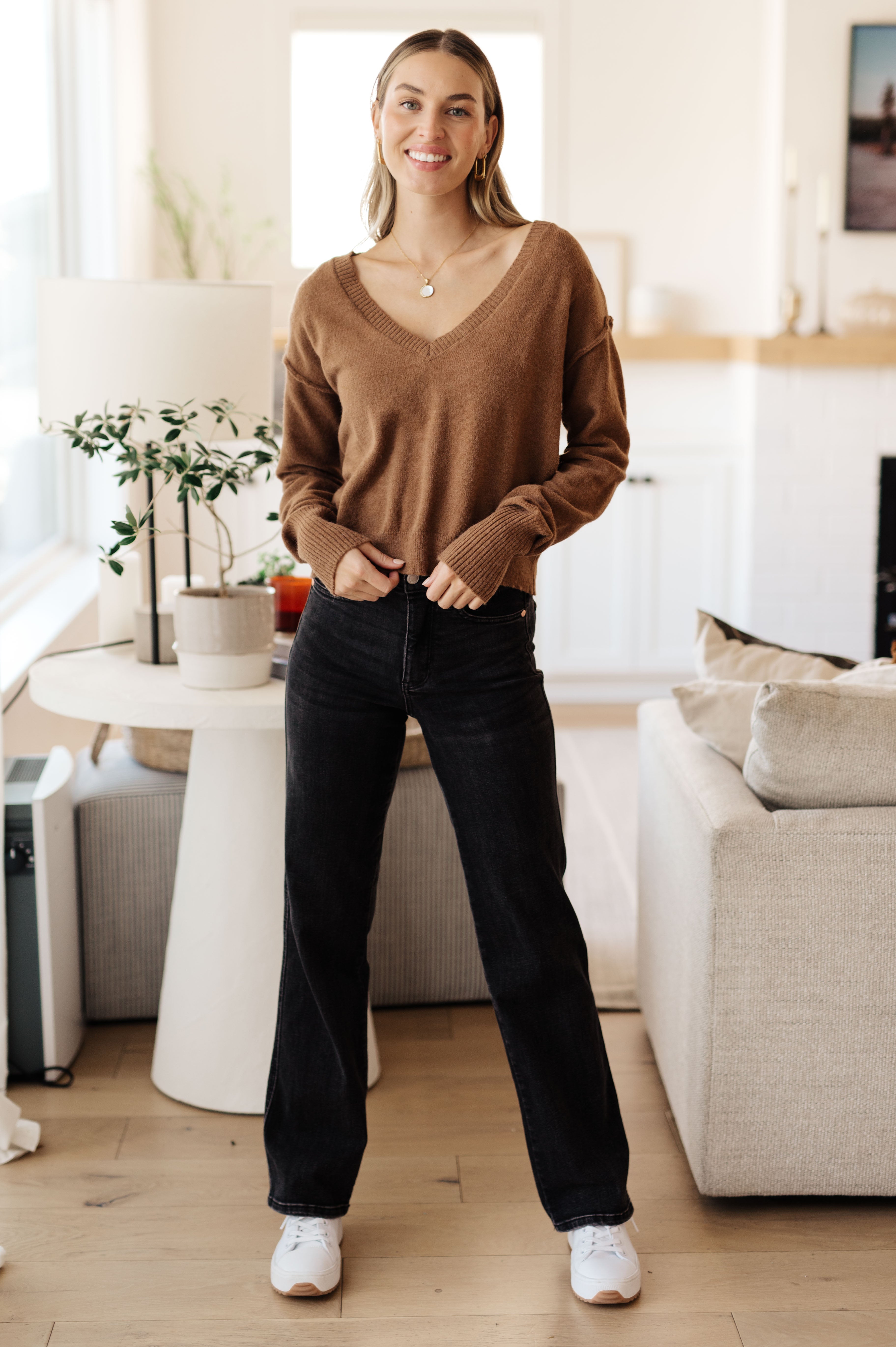 Back to Life V-Neck Sweater in Mocha - Charming Charlie
