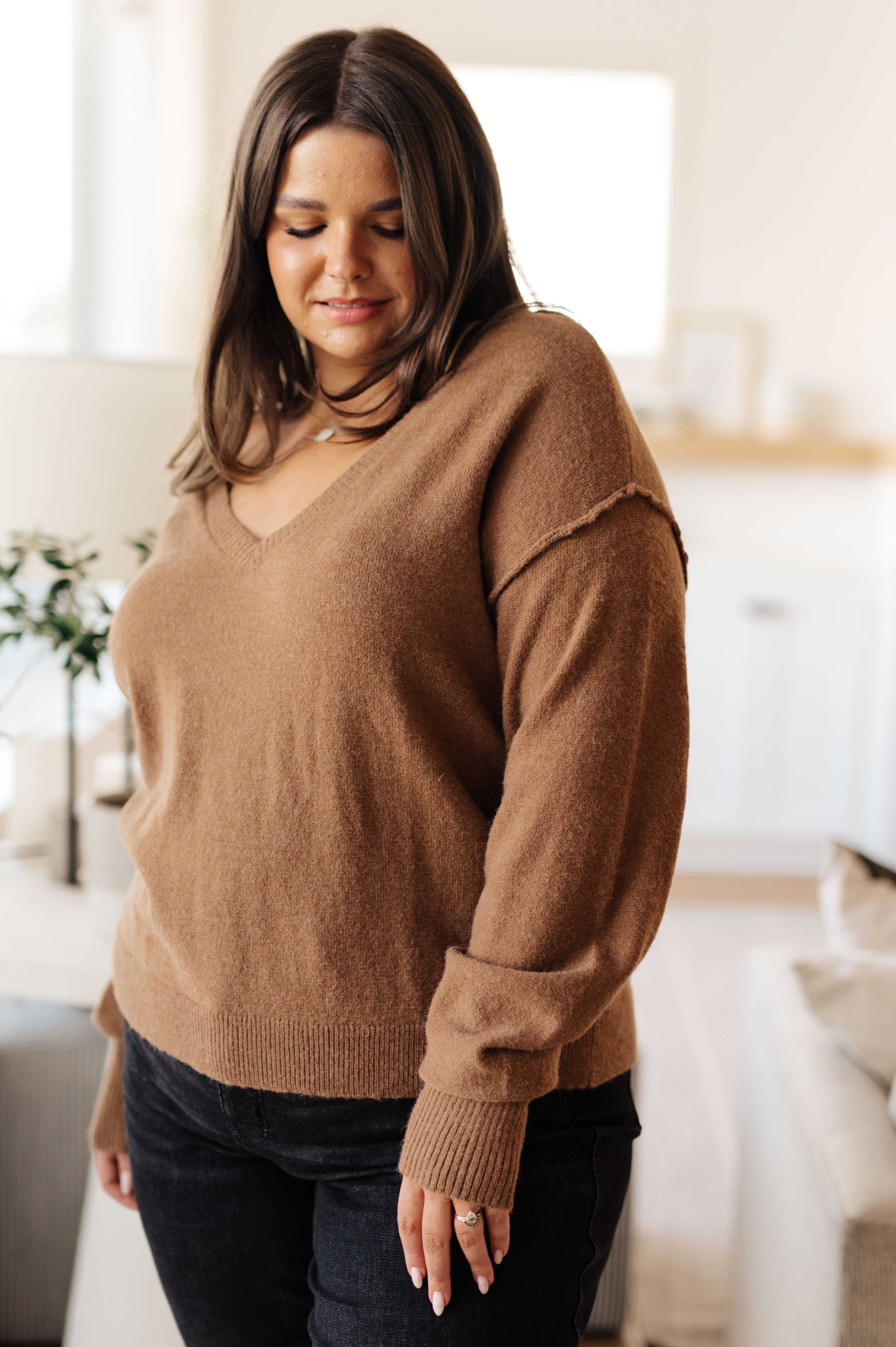 Back to Life V-Neck Sweater in Mocha - Charming Charlie
