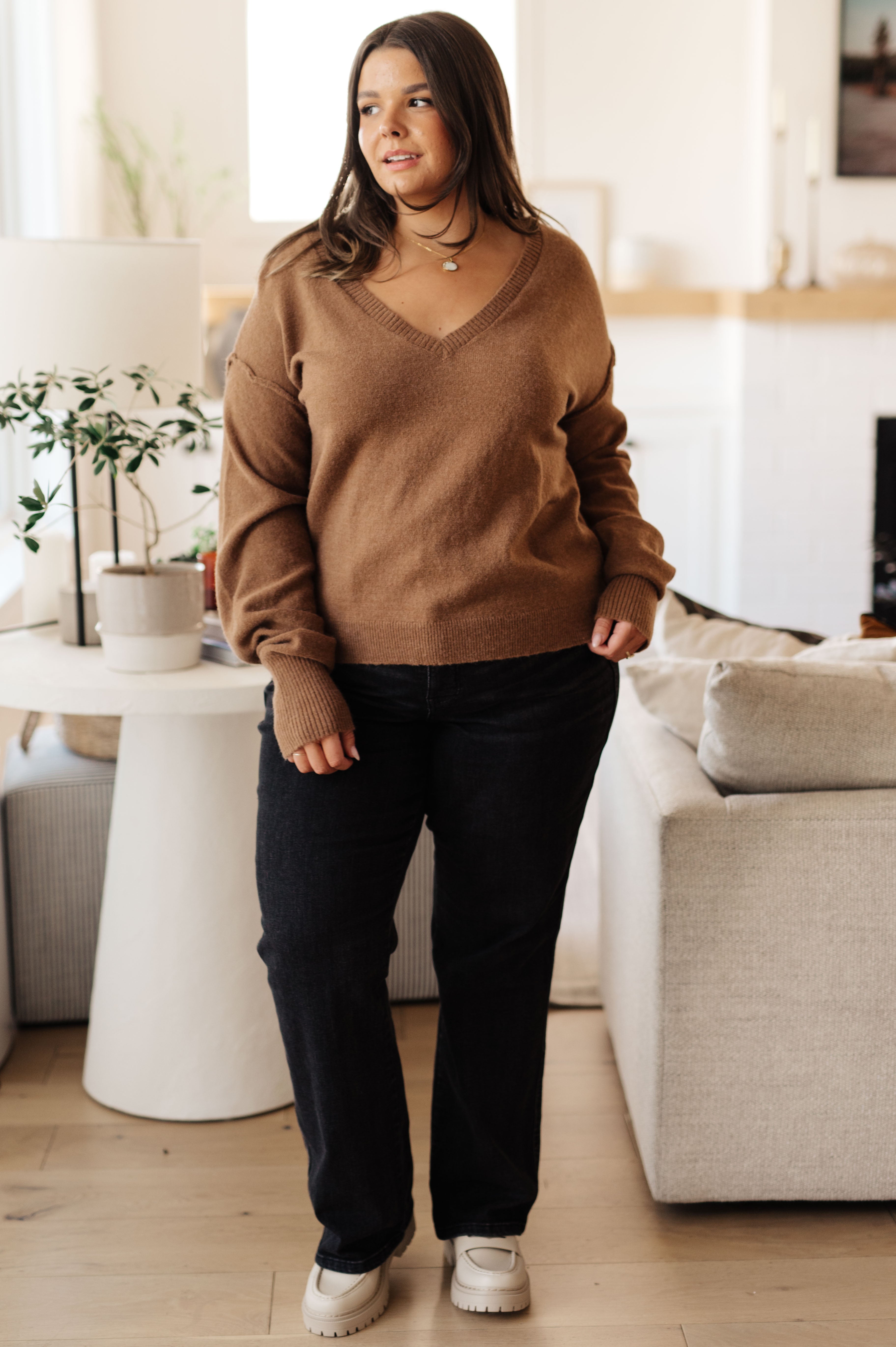 Back to Life V-Neck Sweater in Mocha - Charming Charlie