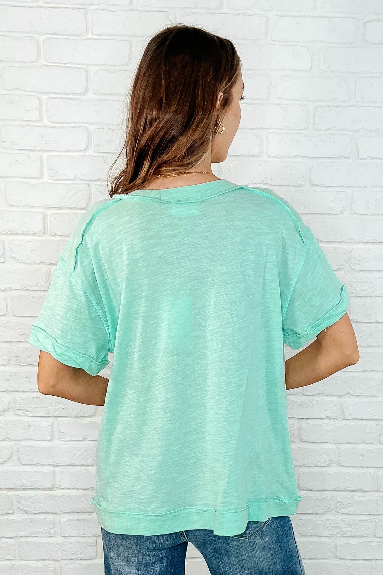 Basic Instinct Drop Shoulder V-Neck Tee in Mint - Charming Charlie