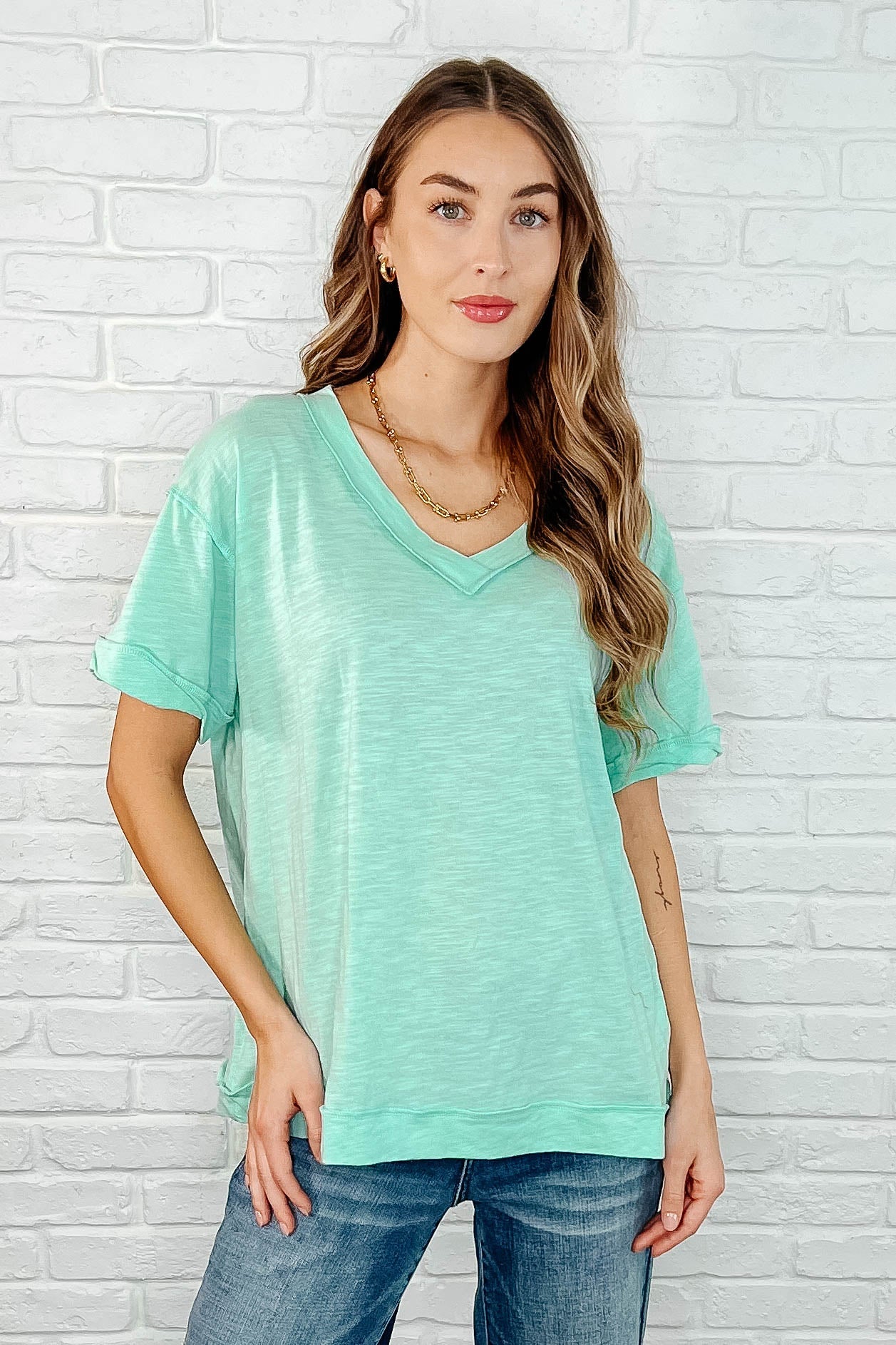 Basic Instinct Drop Shoulder V-Neck Tee in Mint - Charming Charlie
