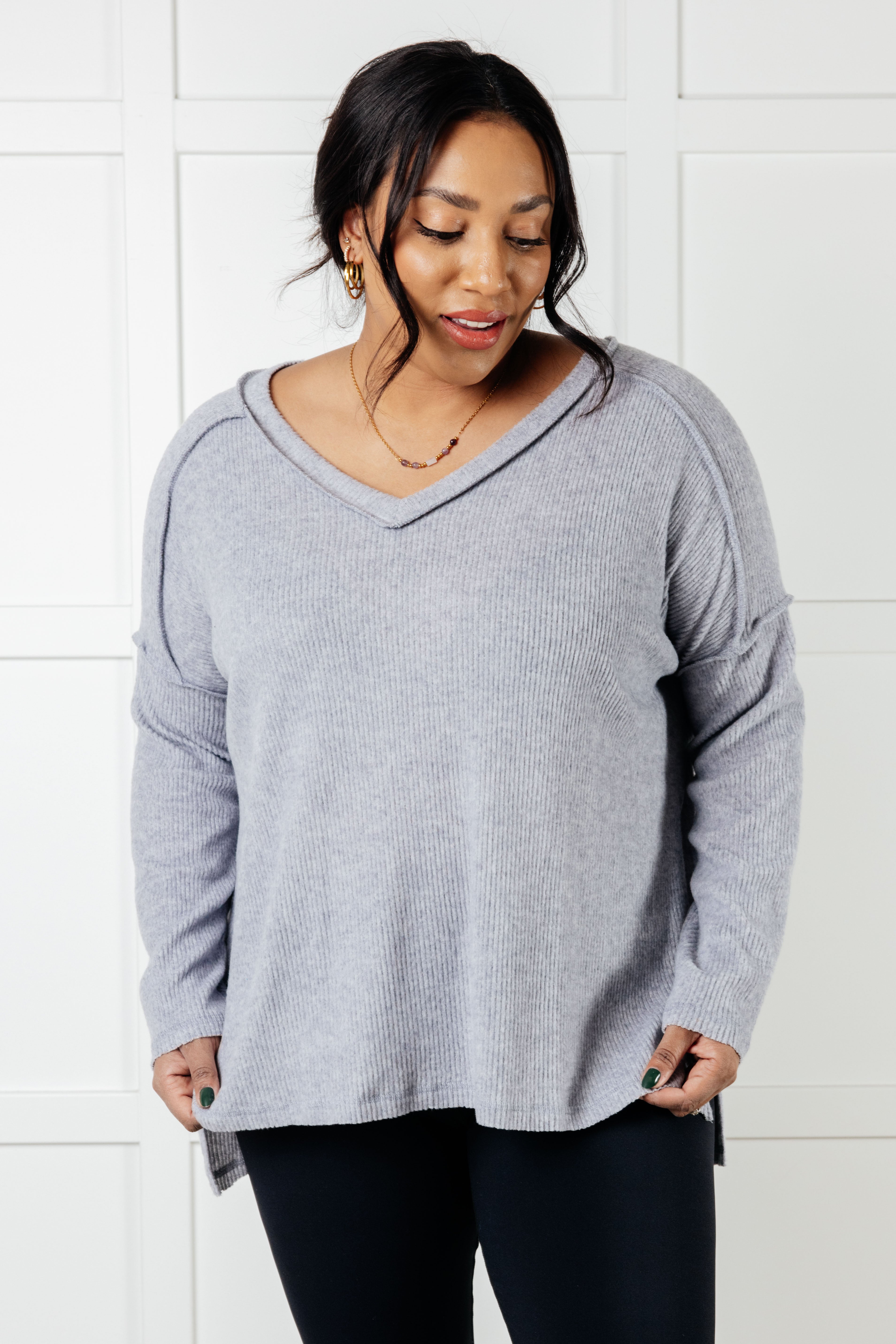 Basically Freezing Brushed Hacci Top in Heather Grey - Charming Charlie