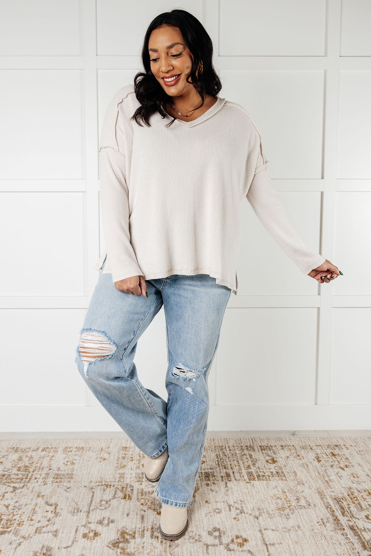 Basically Freezing Brushed Hacci Top in Sand Beige - Charming Charlie