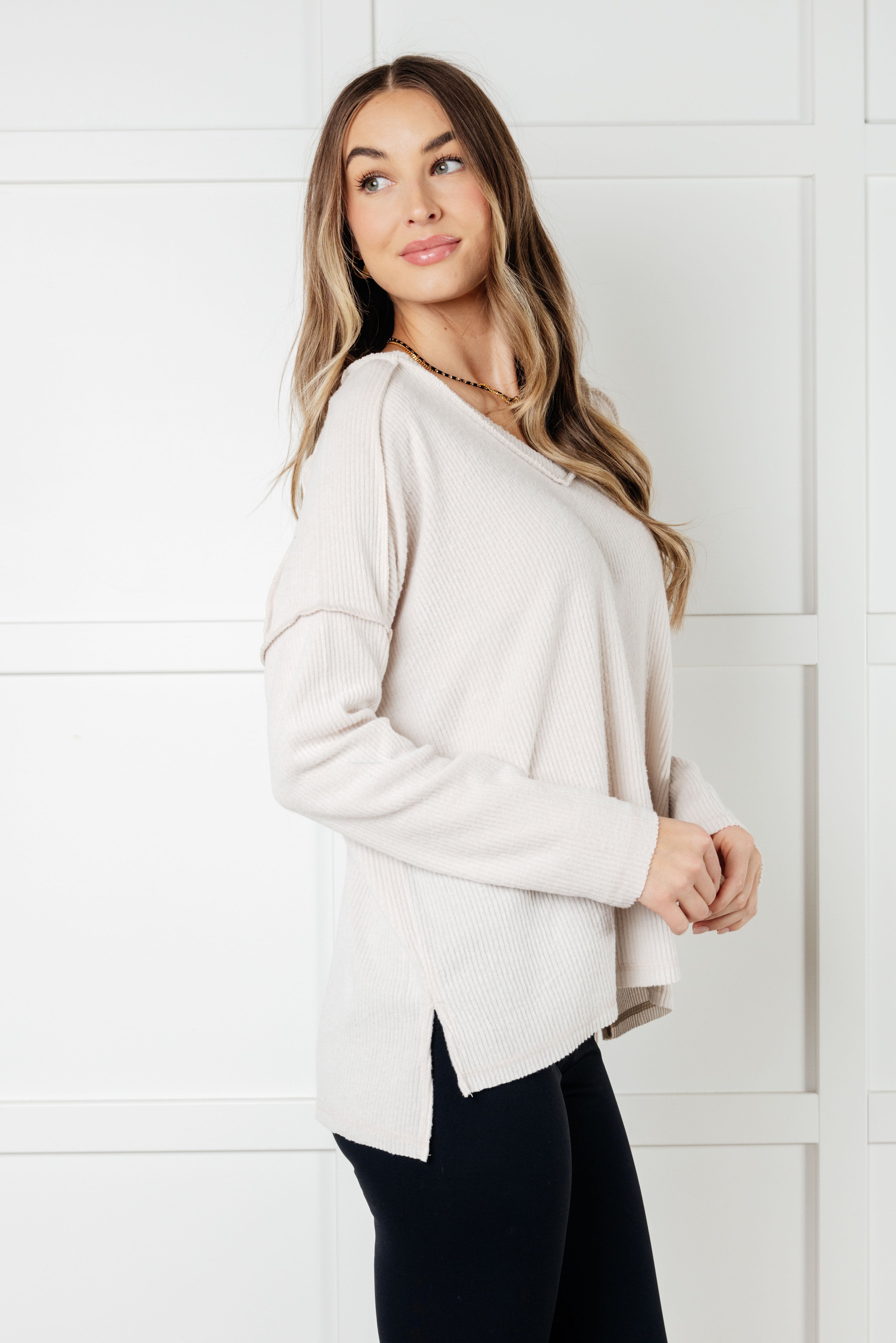 Basically Freezing Brushed Hacci Top in Sand Beige - Charming Charlie
