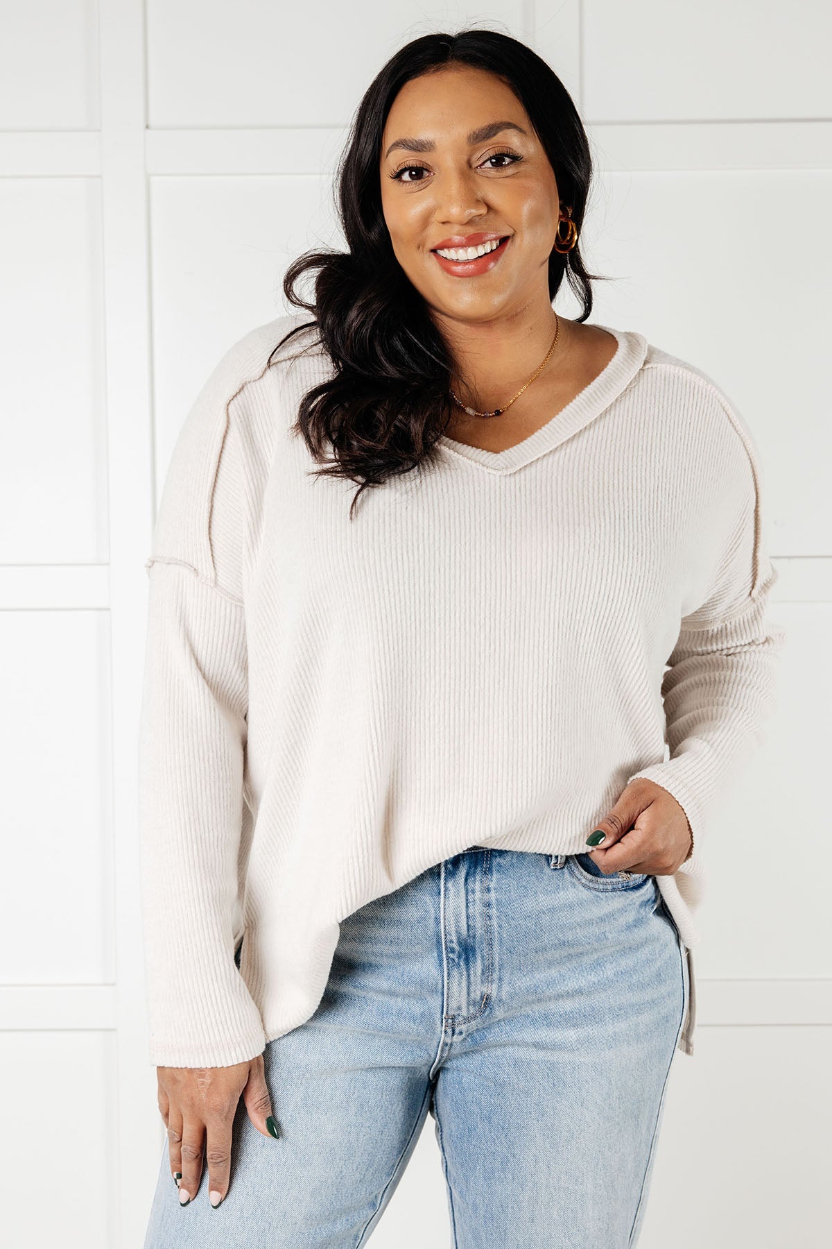 Basically Freezing Brushed Hacci Top in Sand Beige - Charming Charlie