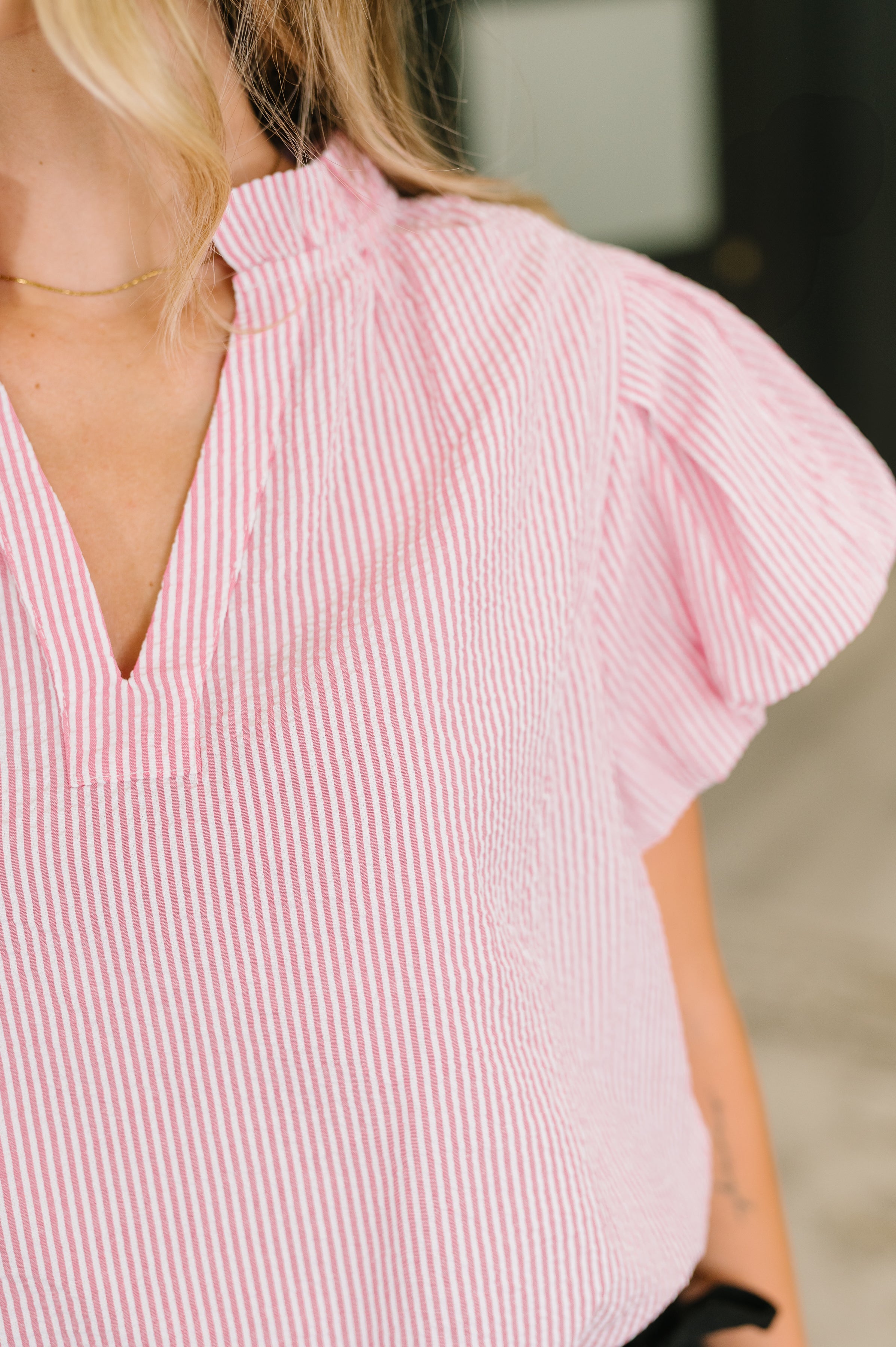 Beauty & Brains Textured Split Neck Blouse - Charming Charlie