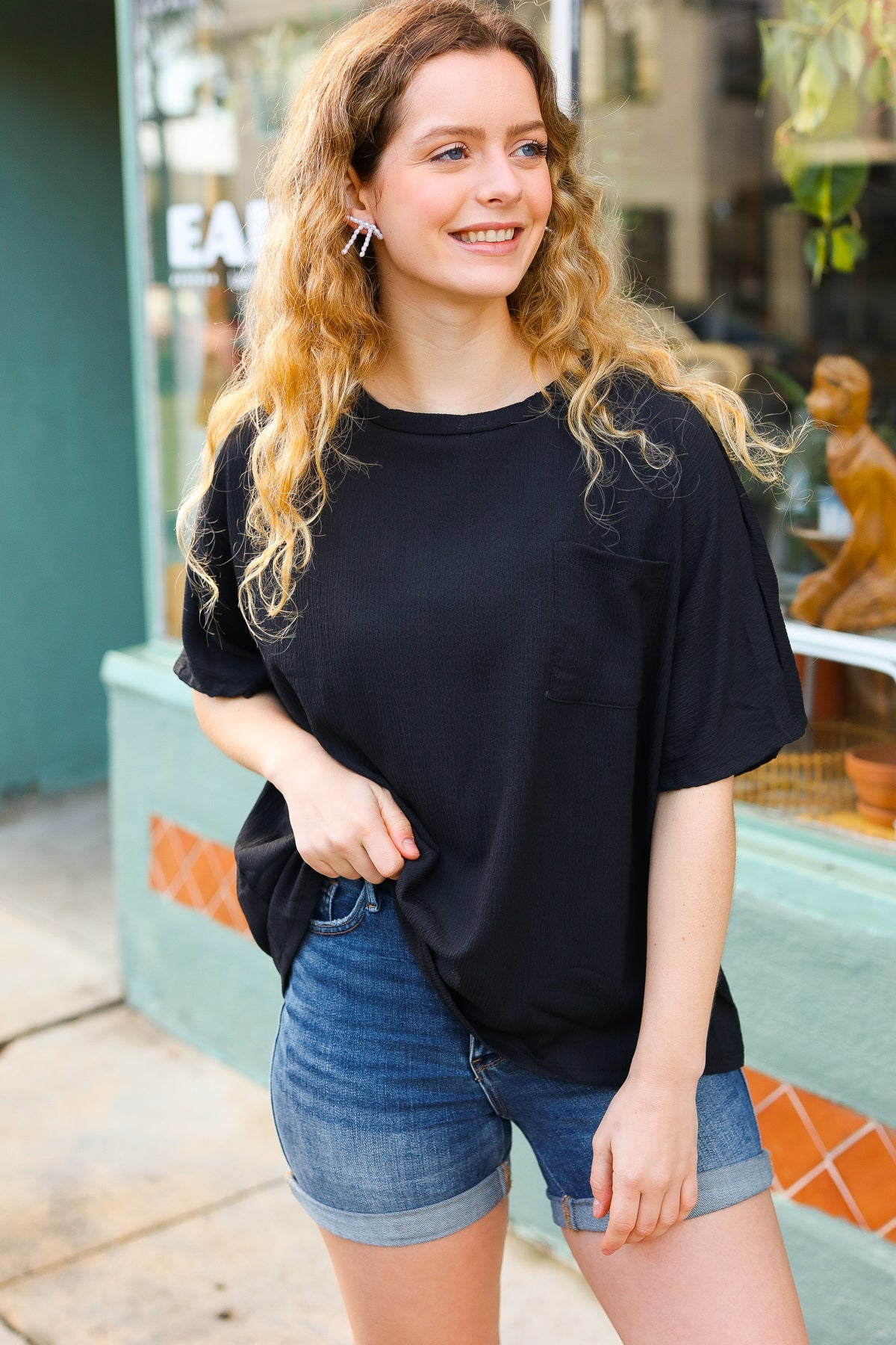 Be Bold Black Crinkle Texture Pocketed Dolman Top - Charming Charlie