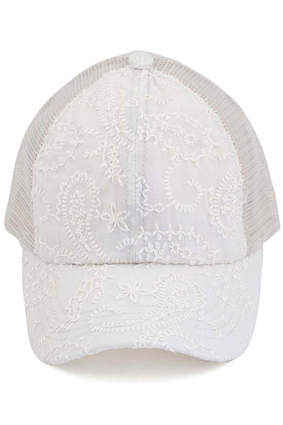 Beige C.C FANCY EMBROIDERY STITCH CRISS CROSS PONYCAP is expertly crafted with intricate embroidery and a unique criss cross design. It provides both fashion and function, keeping the sun out of your eyes while adding a stylish touch to your outfit.