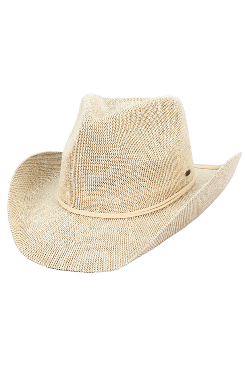 Beige C.C Metallic Band Trim Cowboy Hat offers a stylish twist to the classic cowboy hat. With a metallic band trim, it adds a touch of glamour to any outfit. Made with quality materials, it provides both fashion and functionality, making it a must-have accessory for any fashion-forward individual. Elevate your western look with this trendy cowboy hat.