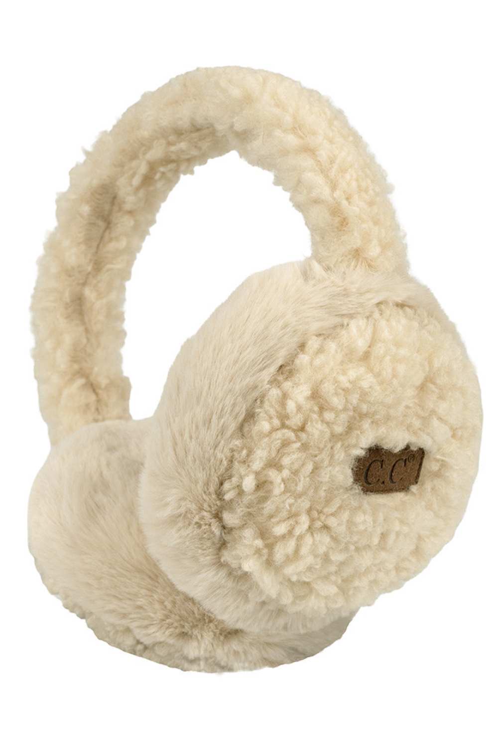 Beige C.C Faux Fur Sherpa Earmuffs. Stay warm and stylish with these. Crafted with quality faux fur and Sherpa on the inside for ultimate comfort, these earmuffs provide superior insulation and protection from the cold. Their classic and timeless design allows them to easily match with any outfit. 