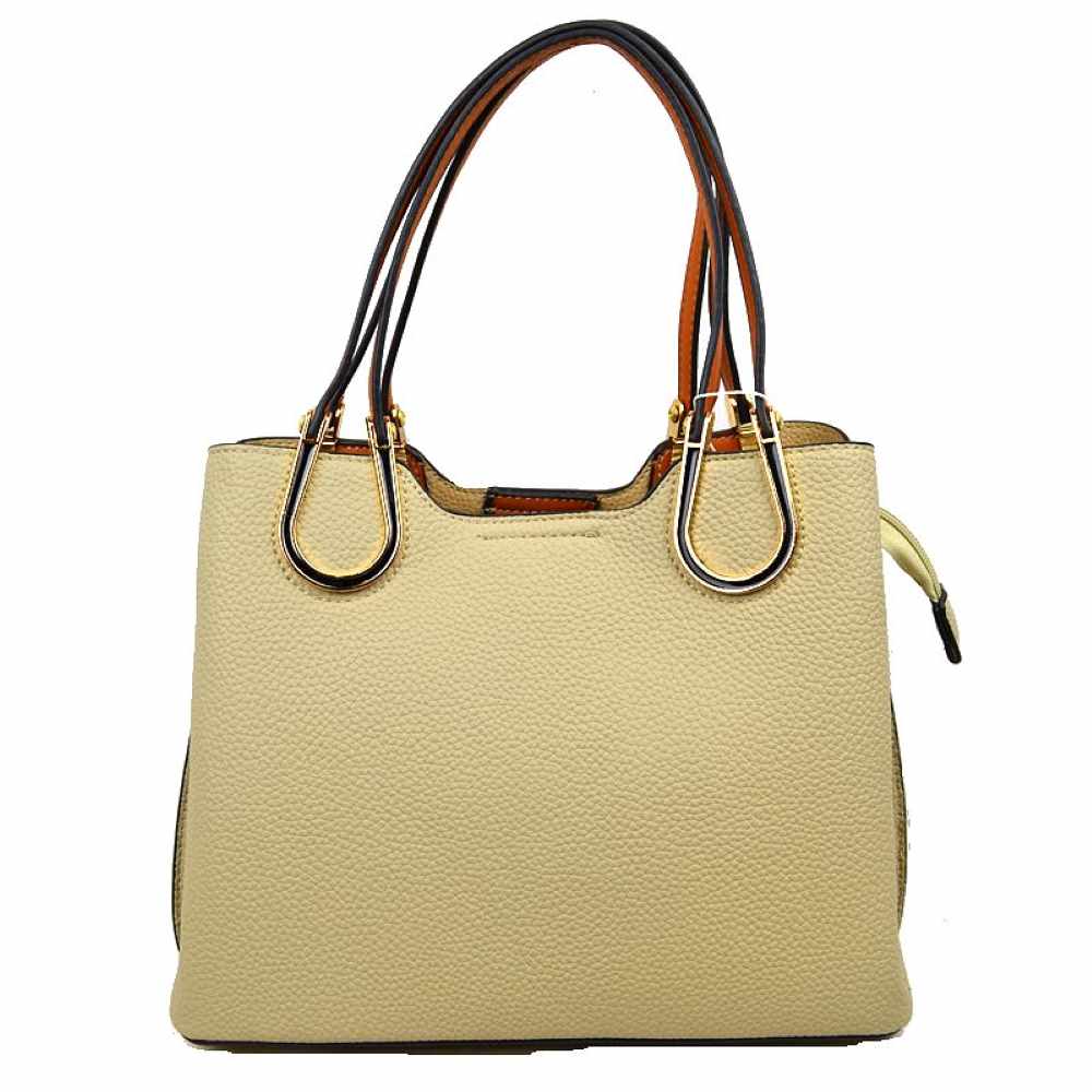 Beige Textured Faux Leather Horseshoe Handle Women's Tote Bag, has a modern design featuring an eye-catching textured faux leather exterior and a horseshoe-shaped handle. The bag has a spacious interior, perfect for days when you need to carry a lot of items. Its structure and design ensures that your items will stay secure even on the go.