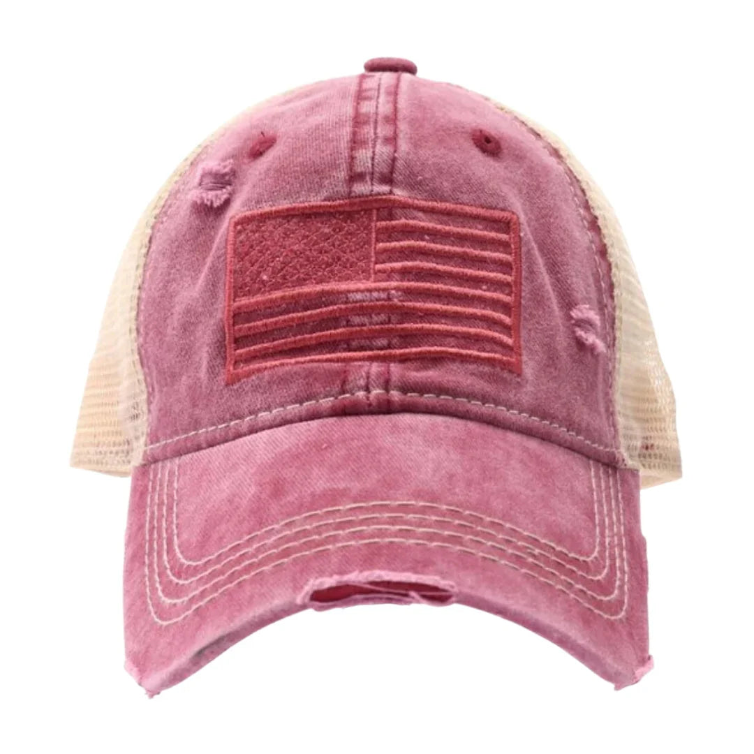 C.C U.S.A EMBROIDERY American Flag PONYCAP - Berry - PONYCAP