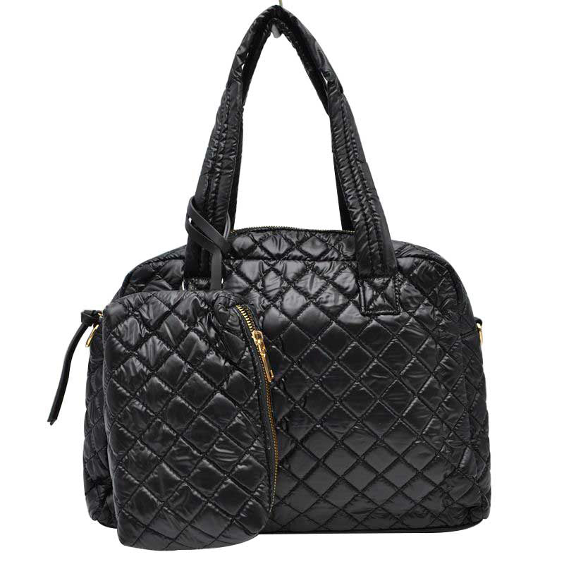 Black 2 N 1 Large Quilted Tote Bag With Pouch, has plenty of room to carry all your handy items with ease. It also comes with a removable insert bag that doubles as lining to the bag or can be removed and worn as a shoulder bag. Trendy and beautiful bag that amps up your outlook while carrying. Great for different activities including quick getaways, long weekends, picnics, beach, or even going to the gym! Easy to carry with you in your hands or around your shoulders.