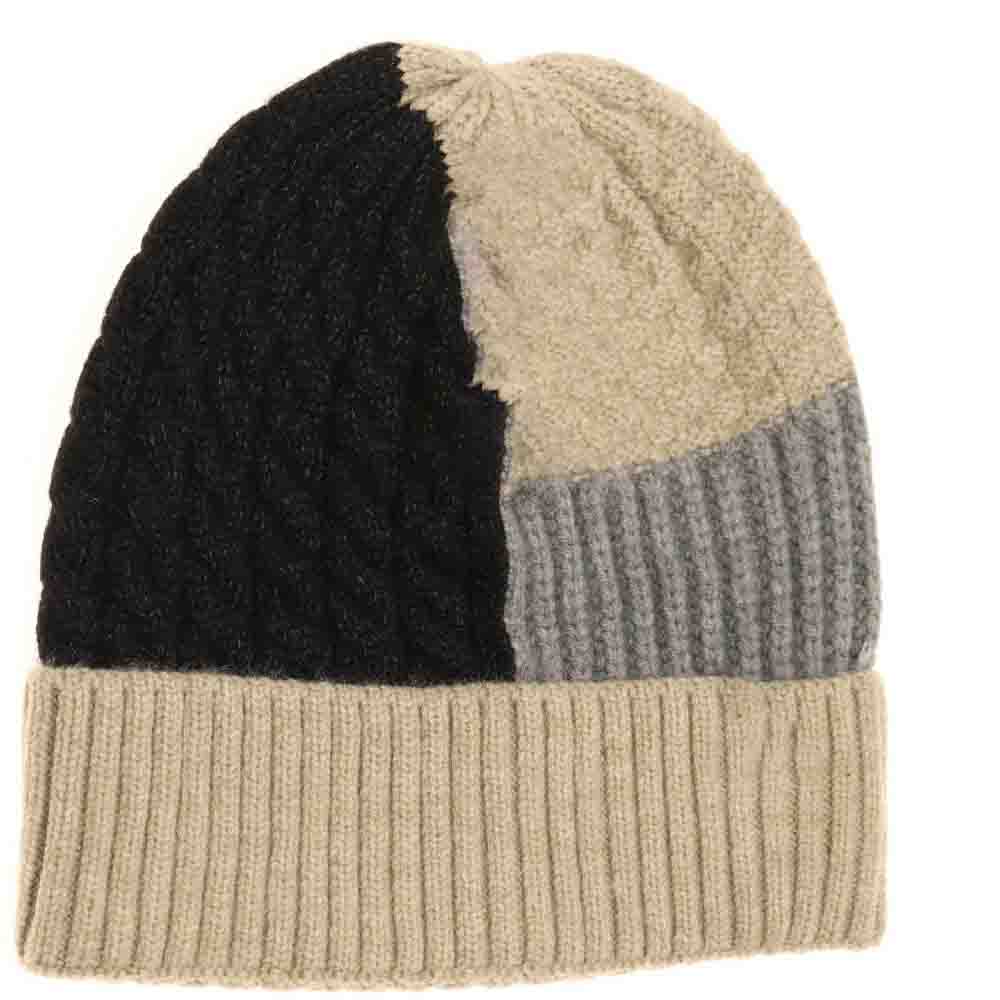 Black-Beige Tri-Color Cuff Beanie offers a refined balance of warmth and style, featuring a distinctive three-tone design that elevates any outfit. Its cuffed construction ensures a secure, comfortable fit, making it an ideal accessory for cold weather. Crafted with quality materials, this beanie provides reliable insulation while maintaining breathability, suitable for both casual and active use.