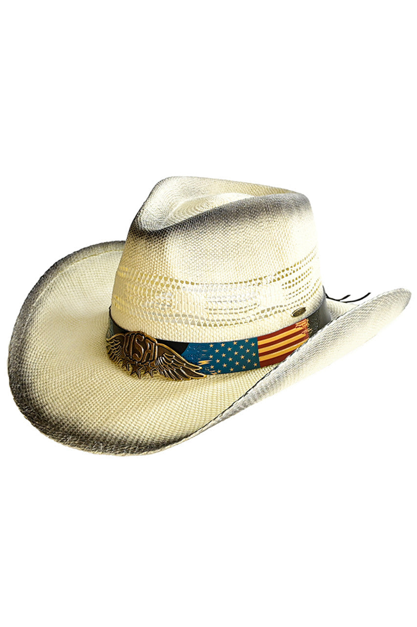 Black C.C American Flag Band Tea-Stain Cowboy Hat is the perfect accessory for any patriotic occasion. The tea stain finish adds a vintage touch, while the American flag band adds a trendy and stylish detail. Made with high-quality materials, this cowboy hat offers both comfort and durability. Show your American pride with this must-have hat.