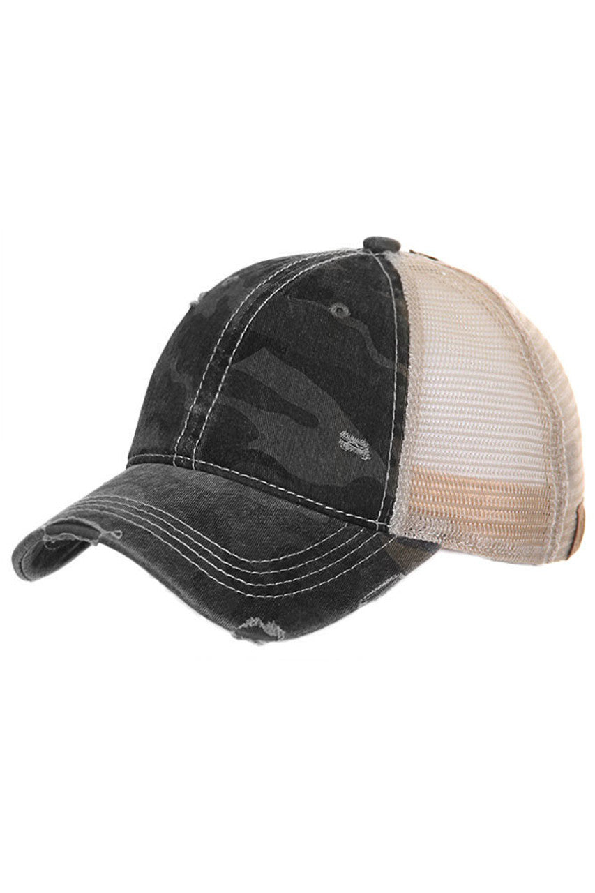 Black C.C CAMOUFLAGE VINTAGE STYLE PONYCAP is perfect for anyone looking for a stylish and functional hat. Its camouflage design adds a unique touch to any outfit, while its vintage-style pony cap shape provides both style and functionality. Made with high-quality materials, this hat is sure to be a long-lasting accessory for any outdoor adventure.