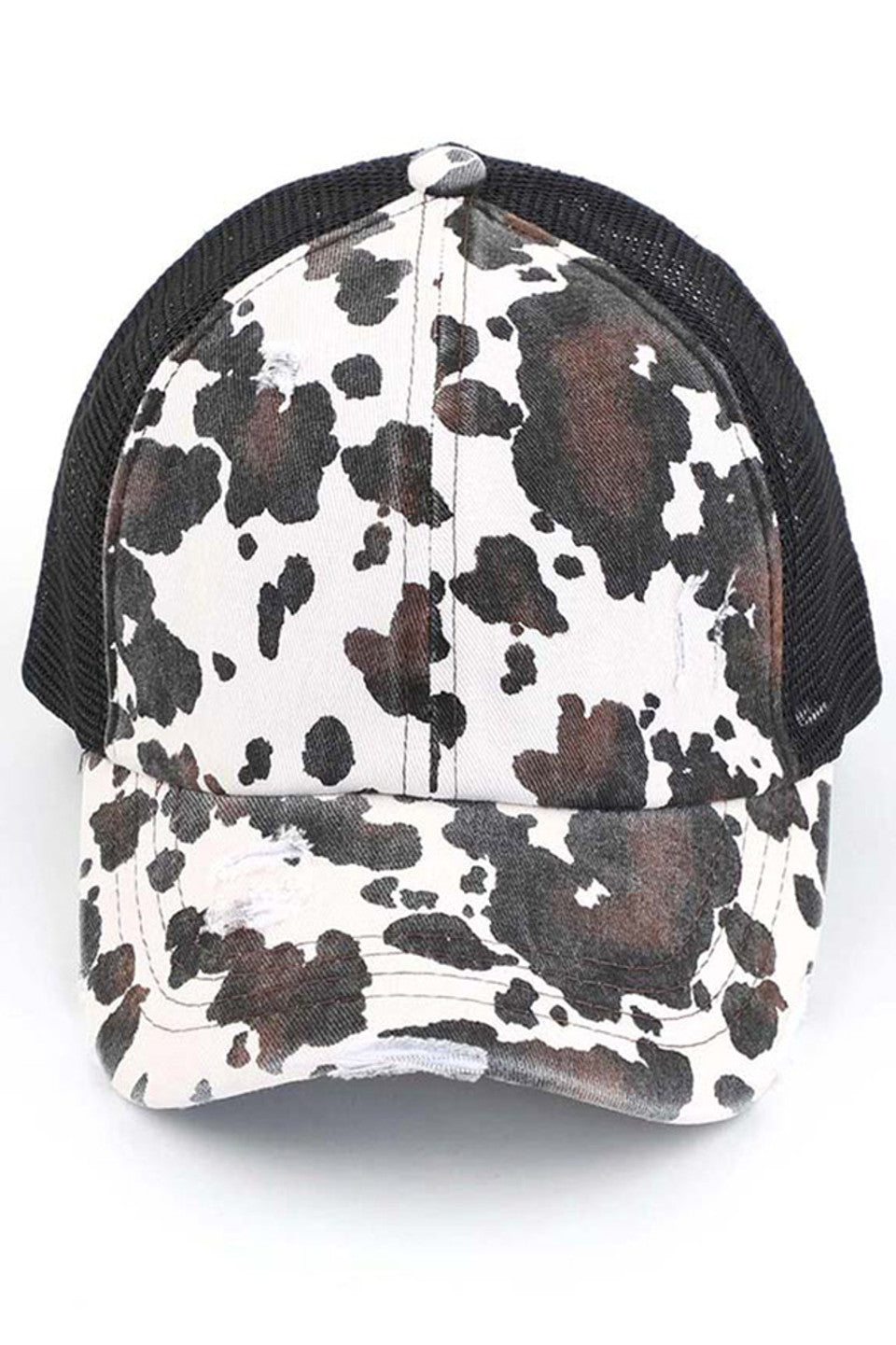 Black C.C cow print criss cross ponycap is the perfect blend of style and functionality. The adjustable criss cross design allows for a comfortable and secure fit, while the unique cow print pattern adds a touch of fun to any outfit. Made with high-quality materials, this ponycap is durable and long-lasting.