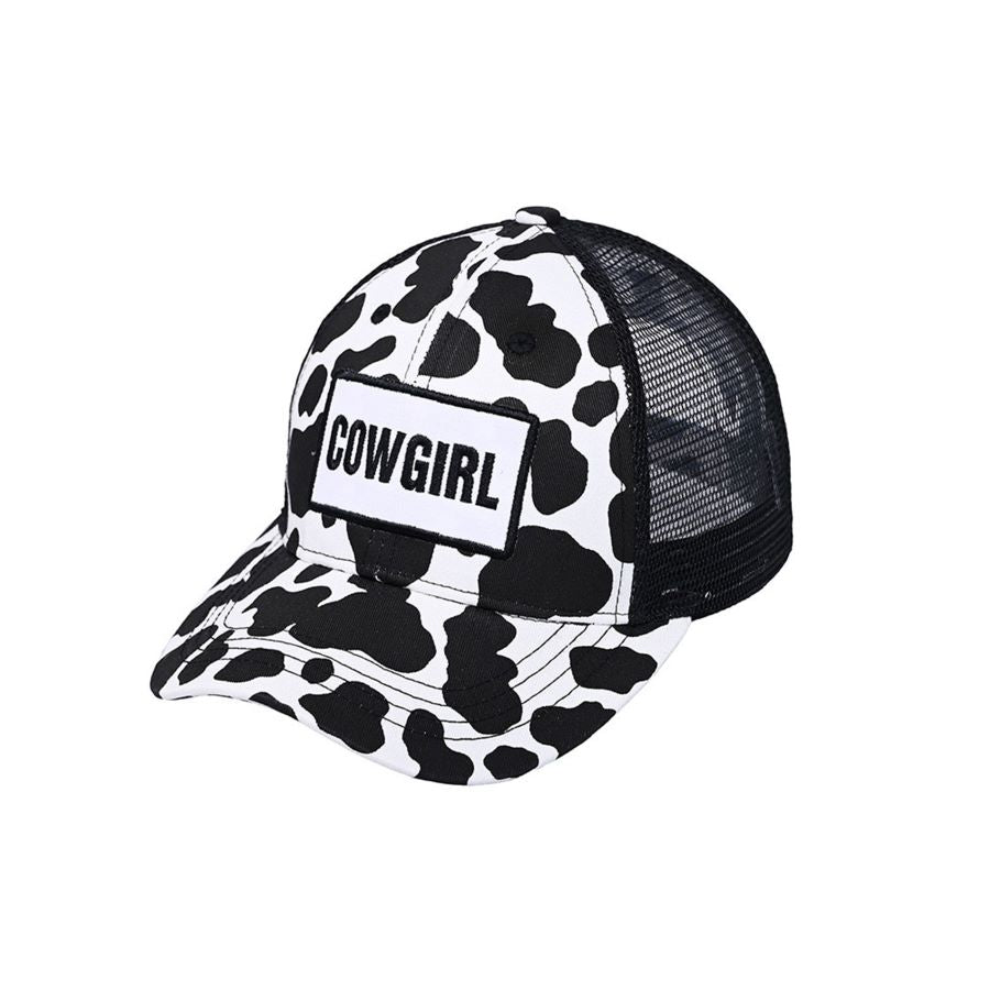Black C.C Cowgirl baseball cap features a cow pattern, perfect for any cowgirl looking to add some Western flair to their wardrobe. Made with high-quality materials, this cap is both stylish and durable. Complete your look with this must-have accessory.