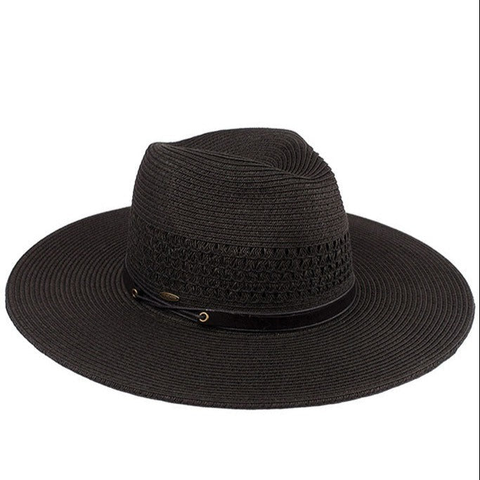 Black C.C faux leather string paper straw panama hat. You’re basking under the summer sun at the beach, lounging by the pool, or kicking back with friends at the lake, a great hat can keep you cool and comfortable even when the sun is high in the sky. Large, comfortable, and perfect for keeping the sun off of your face, neck, and shoulders, ideal for travelers who are on vacation or just spending some time in the great outdoors.