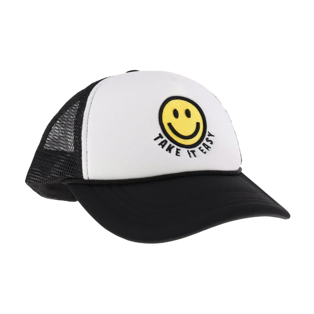 Black C.C TAKE IT EASY Smiley Face Trucker Cap is the perfect addition to your casual wardrobe. Made with durable materials, this cap offers a comfortable fit and features a fun smiley face design. Stay cool and stylish while protecting your face from the sun