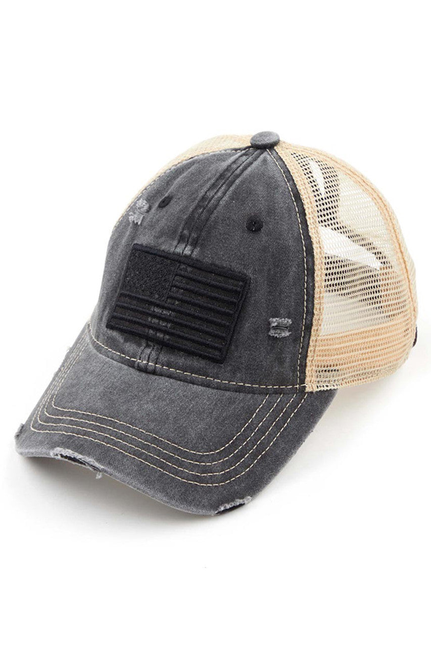 Black C.C U.S.A EMBROIDERY American Flag PONYCAP features premium quality materials and intricate embroidery of the American flag, perfect for proudly representing your country. The cap's design is stylish and versatile, making it suitable for various occasions. Show your patriotism with pride and style.