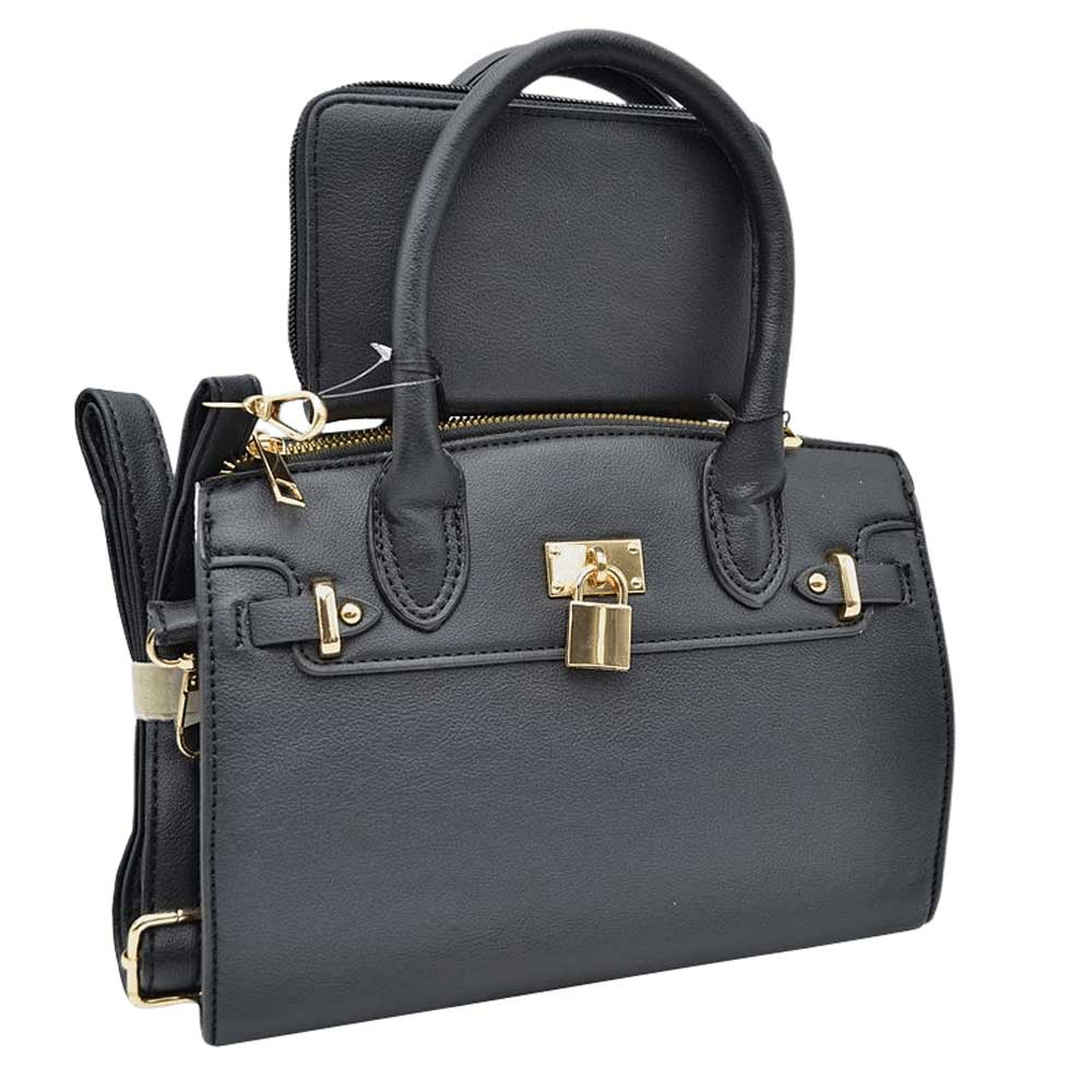 Black Elegant 2 In 1 Women's Medium Top Handle Satchel Totes Handbag with Wallet, 2 in 1 satchel handbag with matching wallet, is perfect to accompany you to work or go shopping. With this top handle, you can wear the bag elegantly on the shoulder. The large main compartment gives a lot of storage space, so you can place all purchases but also valuables and documents in it. The fashionable pattern of the shoulder bag also go well with chic business looks as well as casual everyday styling.