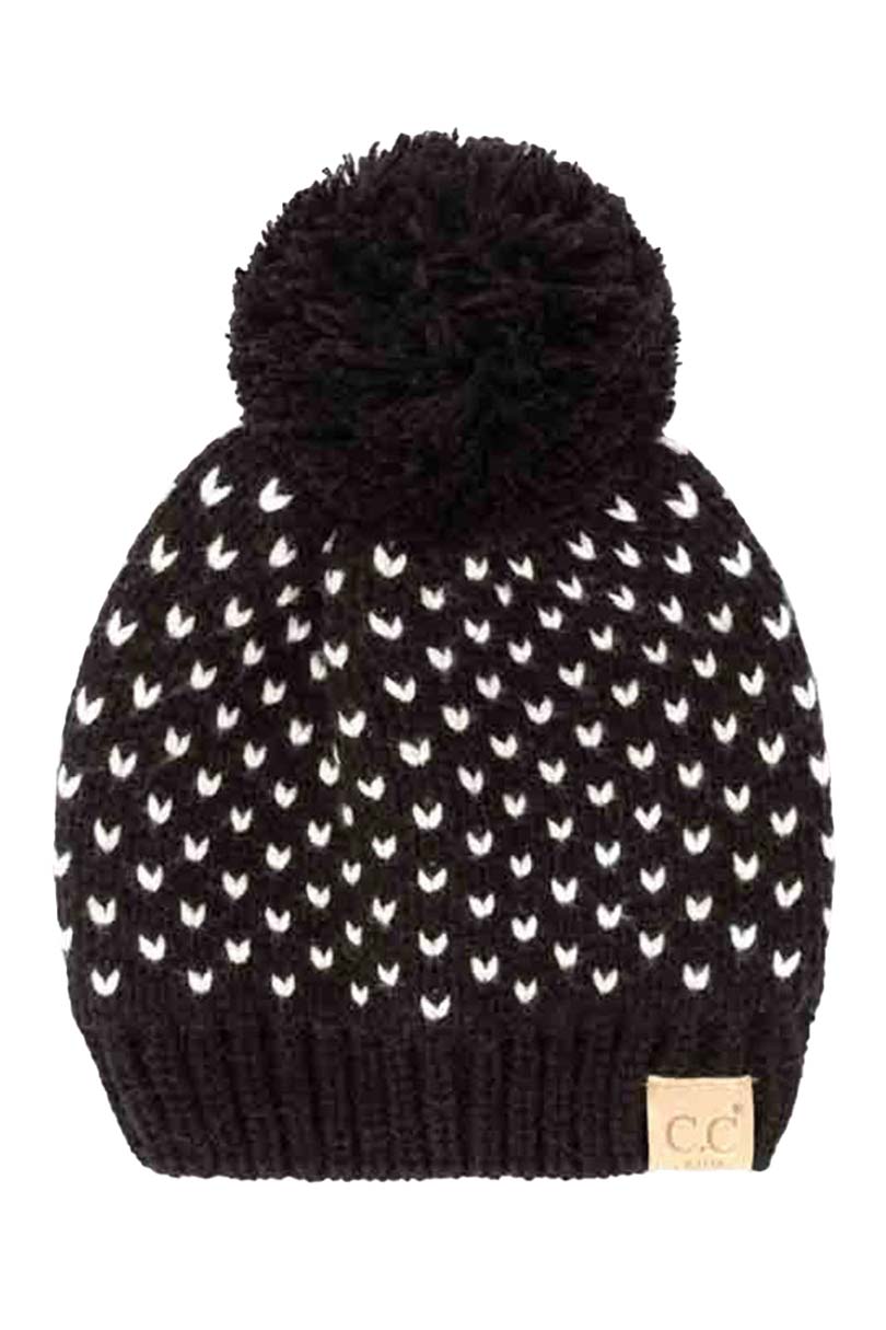 Black Ivory C C Kids Heart Pattern Knit Beanie with Pom, awesome heart pattern design with yarn pom makes it beautiful and keeps your kids standing out with perfect beauty. Wear throughout the winter and cold days to ensure absolute comfortability. Coordinate with any outfit to match the best with perfect warmth and coziness. It Comes in one size winter cap with a pom that fits most head sizes. Enjoy the winter in comfort with this Heart Beanie!