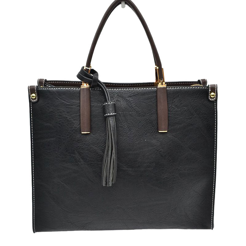 Black Large Shoulder Vegan Leather Tassel Handbag For Women. High quality Vegan Leather is a luxurious and durable, Stay organized in style with this square-shaped shopper tote bag that is fully two contrasting interior and exterior solid colors. This vegan leather handbag includes an on-trend removable tassel embellishment. Guaranteed, This will be your go-to handbag.