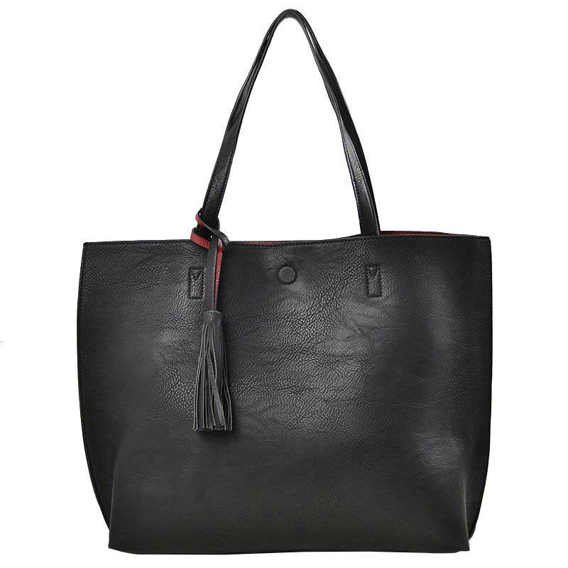 Black Large Tote Reversible Shoulder Vegan Leather Tassel Handbag, High quality Vegan Leather is a luxurious and durable, Stay organized in style with this square-shaped shopper tote purse that is fully reversible for two contrasting interior and exterior solid colors. This vegan leather handbag includes an on-trend removable tassel embellishment. Guaranteed, This will be your go-to handbag.