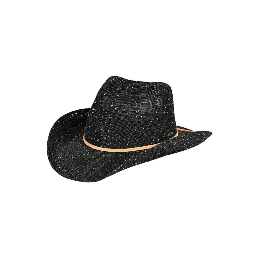 Black/Silver Add instant shine to any western look with this C.C Brand sequin cowboy hat. Whether you're heading to a country concert, music festival, or just want to turn heads at brunch, this hat delivers bold sparkle without the weight. Designed for comfort and built to stand out, it's your new favorite party-ready accessory.