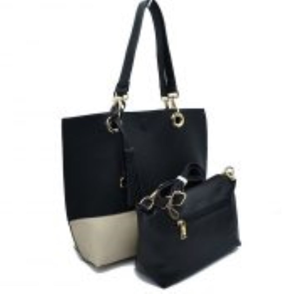 2 n1 Vegan Tote Handbag Pouch Faux Leather Tote Bag - Black-off white - Tote Bag