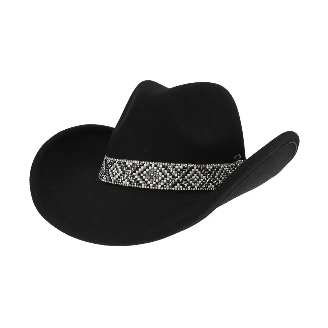Black-C.C Aztec Beads Trim Vegan Cowboy Hat is the perfect combination of fashion and functionality. Made with high-quality vegan materials, it features a stylish Aztec beads trim that adds a touch of sophistication to any outfit. Protect yourself from the sun while looking effortlessly chic.